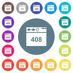 Browser 408 request timeout flat white icons on round color backgrounds