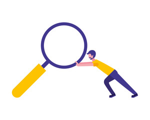 young man pushing magnifying glass