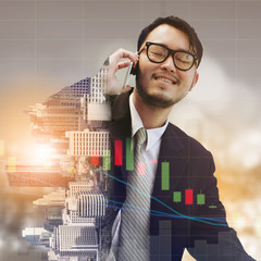 Double exposure businessman using mobile phone.