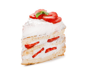 Piece of delicious strawberry cake on white background