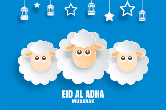 Eid Al Adha Mubarak celebration card with sheep in paper art blue background. Use for banner, poster, flyer, brochure sale template.