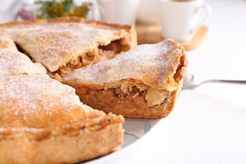 Delicious apple pie on plate, closeup