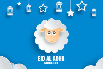 Eid Al Adha Mubarak celebration card with sheep in paper art blue background. Use for banner, poster, flyer, brochure sale template.