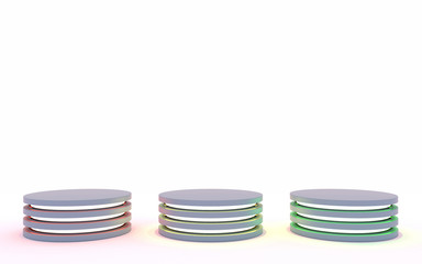 Three pedestal's. Mock up of empty stage. Space to place your object or project. 3d render. Blue, red, green neon's.