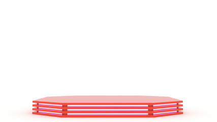 Pedestal.  Red mock up of empty stage. Space to place your object or project. 3d render. Pink neon.