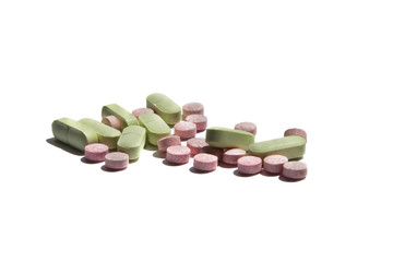Pastillas, fondo blanco, rosa, verde, salud, medicamento, medicina, comprimido.
