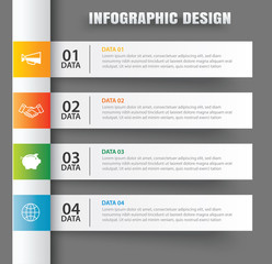 Infographics tab in horizontal paper index with 4 data template. Vector illustration background. Can be used for workflow layout, business step, banner, web design.