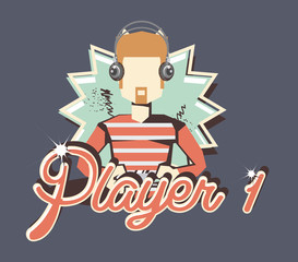 retro videogames, player 1 design with avatar man with headphones and gamepad over gray background, colorful design. vector illustration