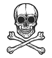 Human skull with bones vector silhouette isolated on white. Hand drawn black and white skull illustration. Tattoo or print design. Transparent background.