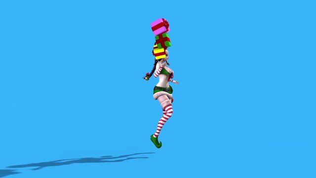 Sexy Elf Christmas Gifts Side Blue Screen 3D Rendering Animation