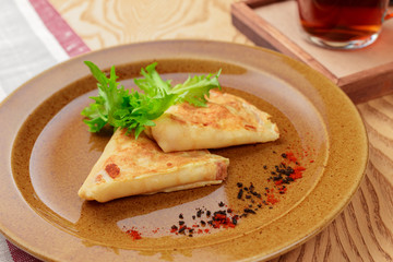 Russian pancakes healthy breakfast dish close up