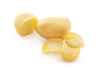crispy chips and raw potato on white background