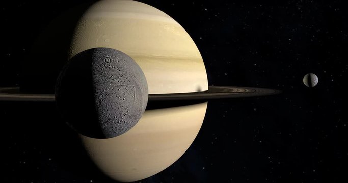 Enceladus satellite orbiting around the Saturn planet together to Mimas