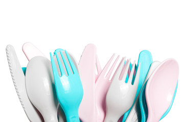set of various plastic cutlery isolated