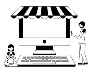 desktop computer with parasol and people