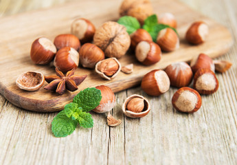 Hazelnuts on a old wooden table