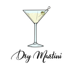 Dry Martini alcohol cocktail in glass with green olive and lettering typography. Vector illustration isolated on white background. Classic cocktail. Hand sketched composition made for menu design, bar