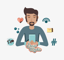 man with smartphone social media icons vector illustration design