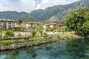 Mugla, Turkey, 14 May 2012: Houses at Azmak Stream, Gokova Bay, Akyaka