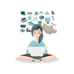 woman with laptop social media icons vector illustration design