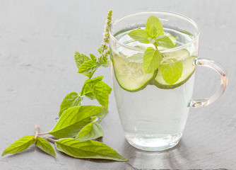glass of water with pieces of cucumber and peppermint
