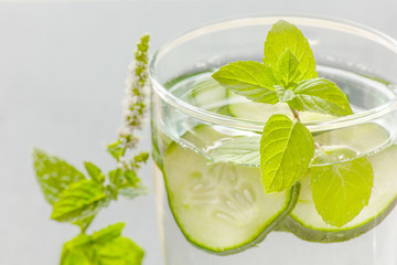 glass of water with pieces of cucumber and peppermint
