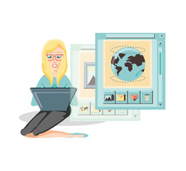 woman with laptop social media icons vector illustration design