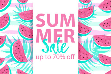 SUMMER SALE up to 70% OFF banner with seamless Watermelon Pattern isolated on hand drawn brush background.