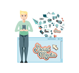 man with smartphone social media icons vector illustration design