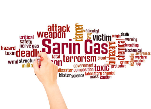 Sarin nerve agent word cloud and hand writing concept