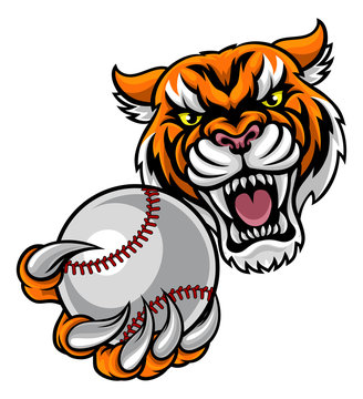 Tiger Holding Baseball Ball Mascot