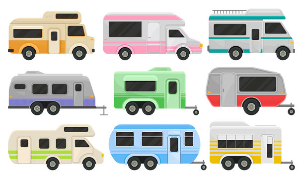 Flat vector set of classic camper vans and trailers. Recreational vehicles. Home of wheels. Comfort cars for family travel