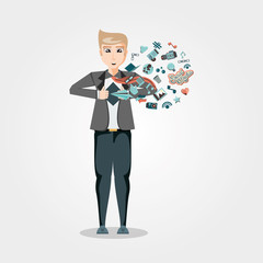 man with social media icons vector illustration design