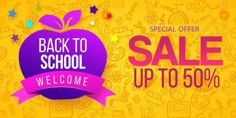 Back to school Sale with apple symbol, ribbon Welcome, hand drawn doodle icons on yellow background. Business banners, posters, flyers. Paper art cut out craft retro style. Welcome offer. Purple color