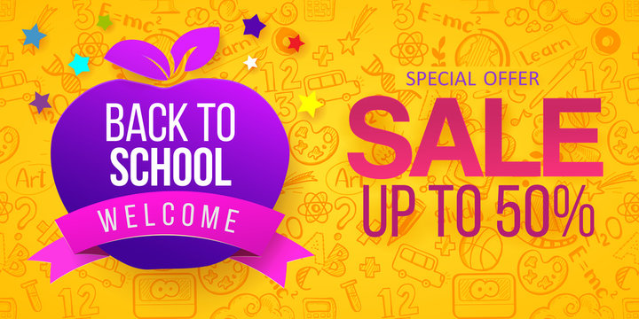Back to school Sale with apple symbol, ribbon Welcome, hand drawn doodle icons on yellow background. Business banners, posters, flyers. Paper art cut out craft retro style. Welcome offer. Purple color