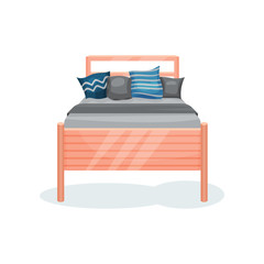Wooden bed with gray blanket and pillows, bedroom furniture, interior design element vector Illustration on a white background