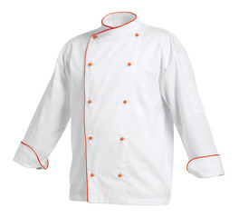 White chef cook's jacket with orange edges, isolated over white background - obrazy, fototapety, plakaty