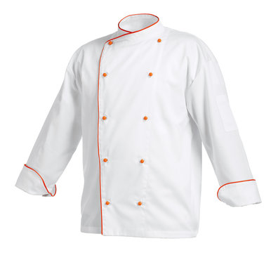 White chef cook's jacket with orange edges, isolated over white background