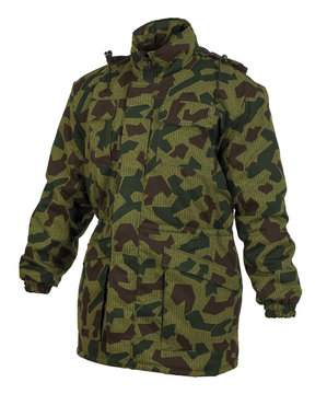 Multi pocket camouflage quiled coat with hoad isolated on white