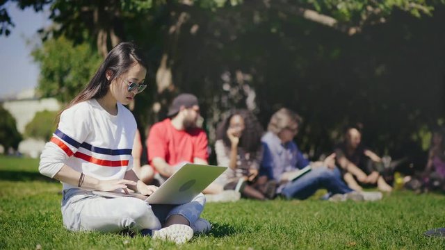 Beautiful asian girl working on her computer in fresh air.