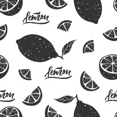 Black lemon seamless pattern with lettering on white background. Vector illustration. - 216259602