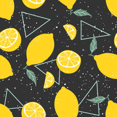 Yellow lemon seamless pattern with triangles on black background. Vector illustration. - 216259625