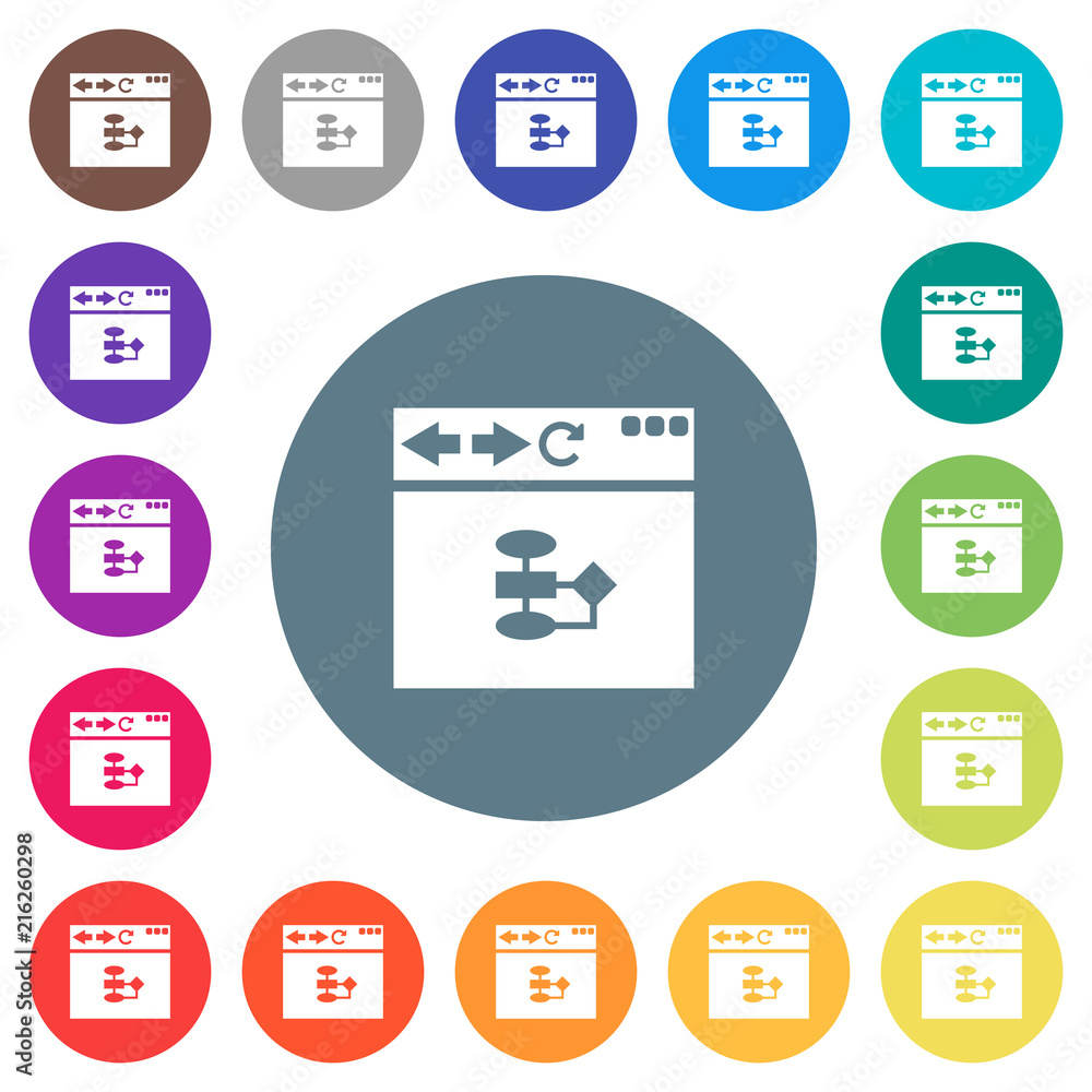 Poster browser flow chart flat white icons on round color backgrounds