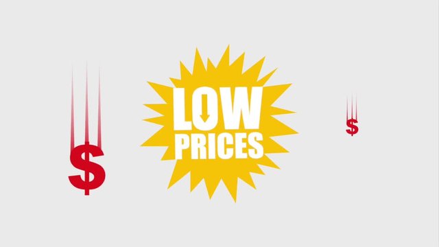 explosion low prices falling dollar symbols animation hd