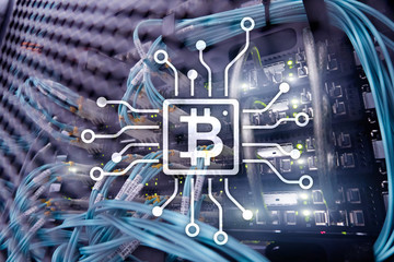 Fototapeta premium Bitcoin, Blockchain concept on server room background.