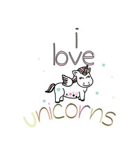 vector Beautiful background with a picture of a unicorn with asterisks and an inscription I love unicorns on a white background