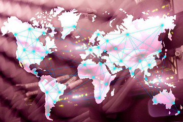 Internet and telecommunication concept with world map on server room background.
