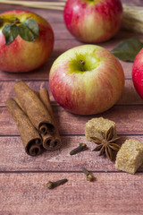 Fresh red apples, spicy spices cinnamon, anise and cloves. Autumn concept