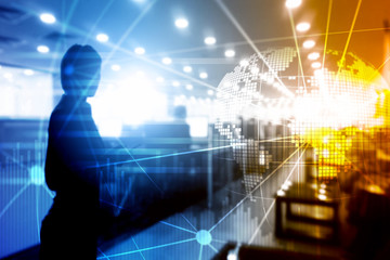 Double exposure mixed media. 3D Earth planet hologram and communication structure. World wide network and globalization concept.