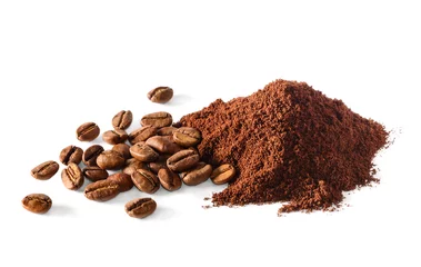 Fotobehang Pile of Ground coffee and coffee beans on white background © Soho A studio